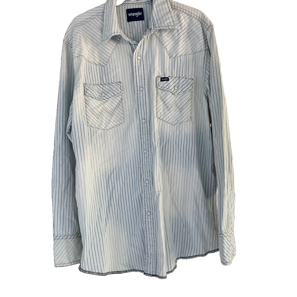 Wrangler Men L Faded Blue White Stripe Western Pearl Snap Shirt Raw Hem Cotton